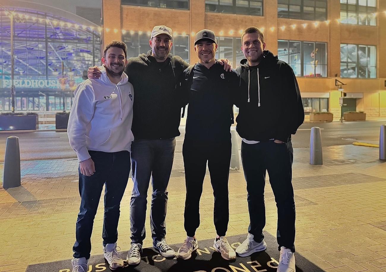 Jake, Matt Brase, Cody Toppert and Matt Mitchell outside an arena